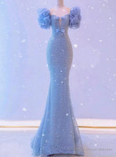 Blue Mermaid Sequins Bow Prom Dress